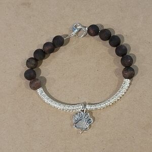 Silver and Wood Bead Paw Charm Bracelet